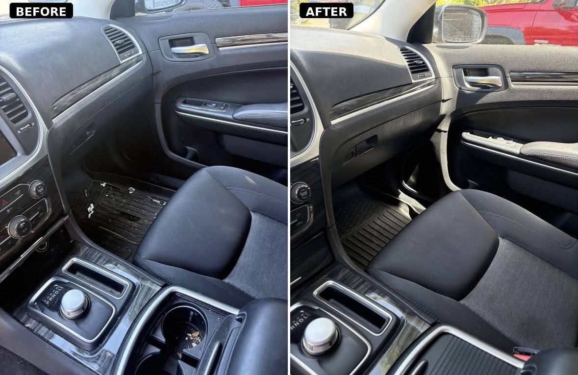 Before and after of a Chrysler 300 center console and passenger footwell, spilled debris removed and surfaces restored