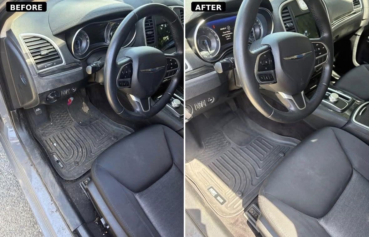Before and after of a Chrysler 300 driver area, dusty dash and dirty floor mats returned to clean